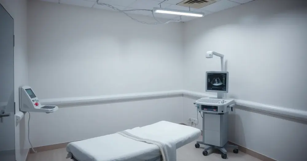 Sala de ultrassom vazia com aparelho ao lado da maca