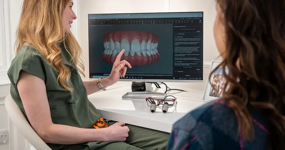 Dentista mostra à paciente, na tela do computador, o modelo digital da arcada dentária durante a consulta