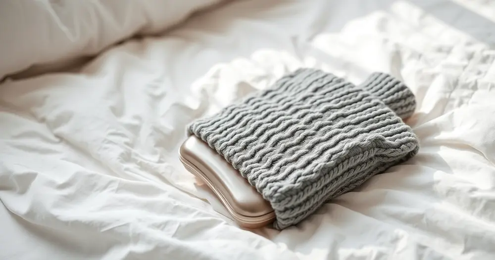 bolsa de água quente com capa de tricô sobre cama com roupa branca