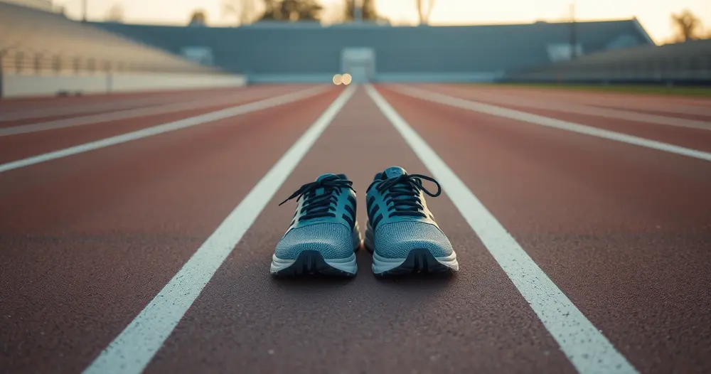par de tênis de corrida sobre a pista de atletismo vazia ao amanhecer